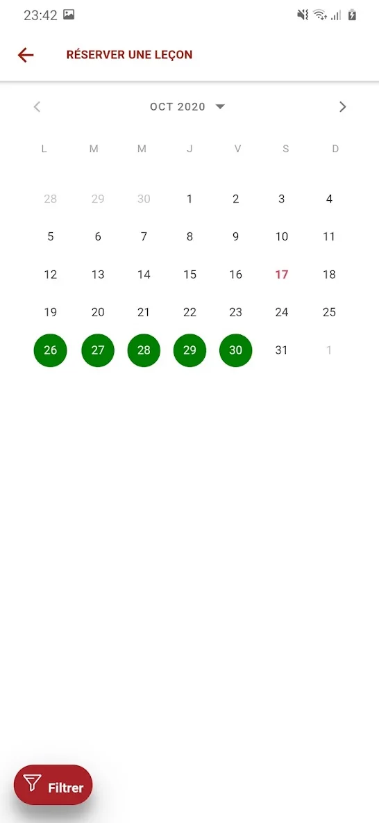 Calendrier de réservation d’une leçon dans l’application Appui Permis