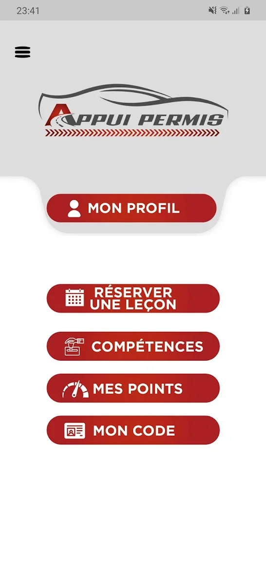 Écran d’accueil de l’application Appui Permis
