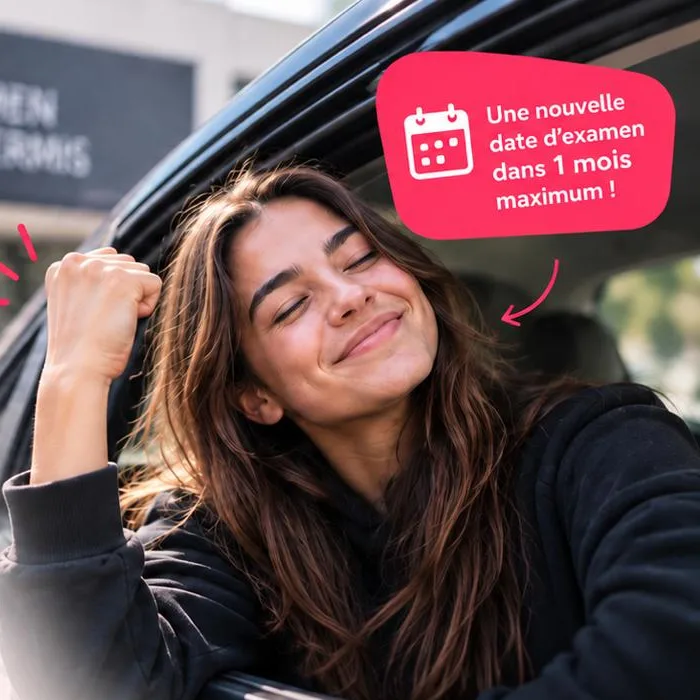 Une jeune femme souriante, le poing levé, à la fenêtre d’une voiture devant le centre d’examen du permis, avec la bulle « Une nouvelle date d’examen dans 1 mois maximum »